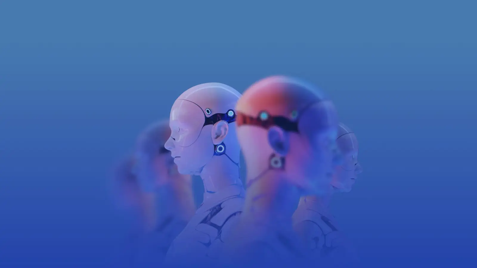 Several humanoid robots under blue and pink lighting — illustrative image
