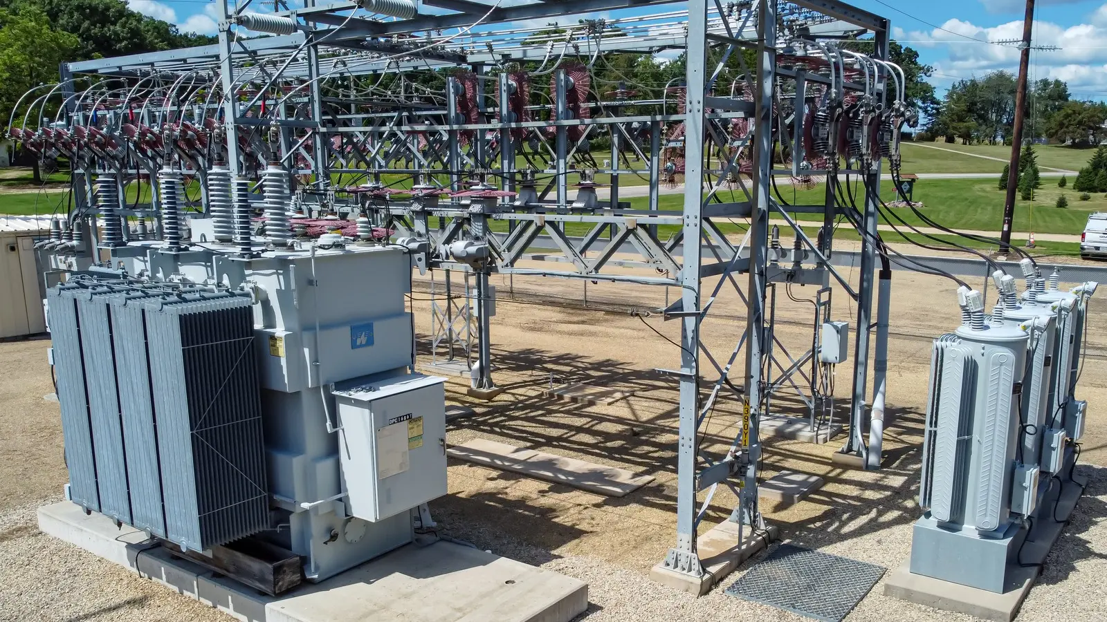 Power transformers at an electrical substation, illustrative photo
