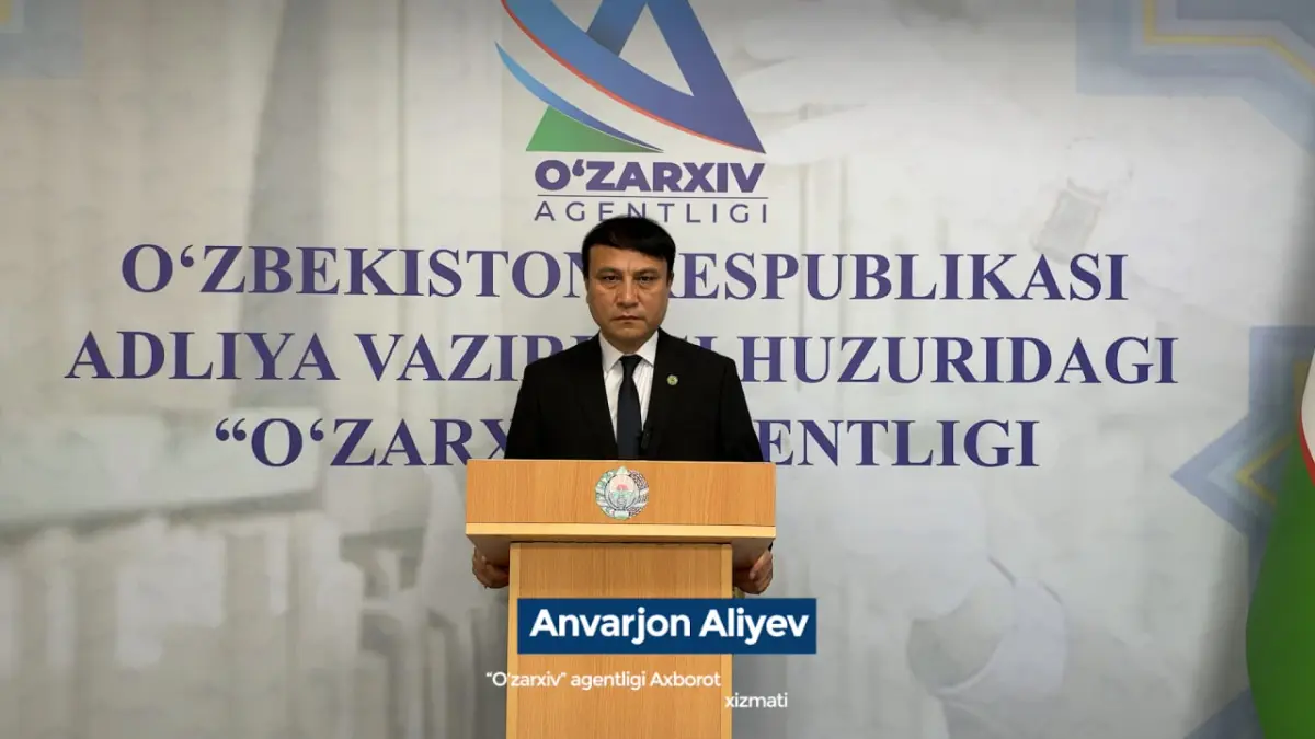 Uzarchive representative speaks at a briefing on the new public service
