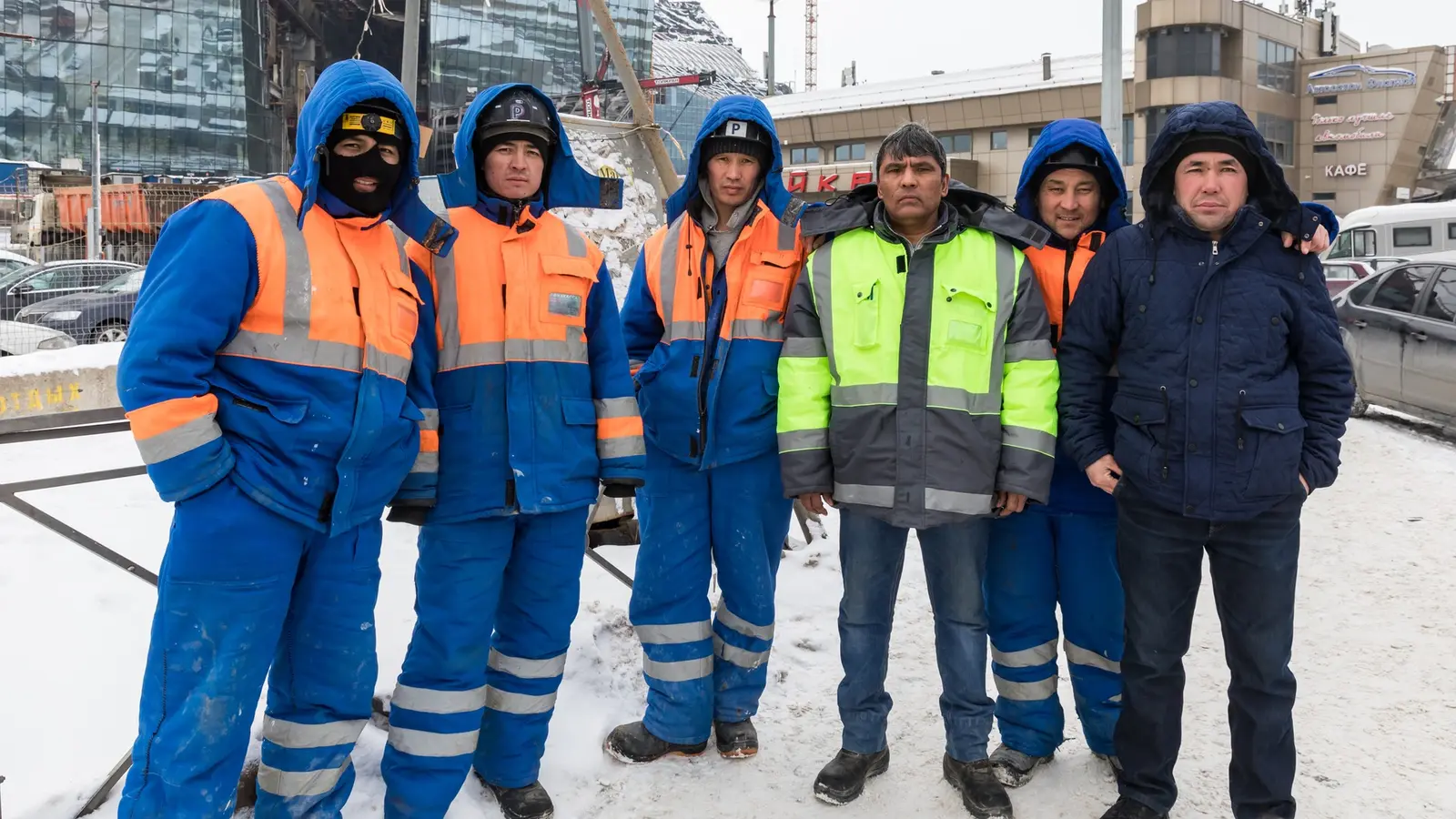 Workers from Uzbekistan at a construction site in Russia