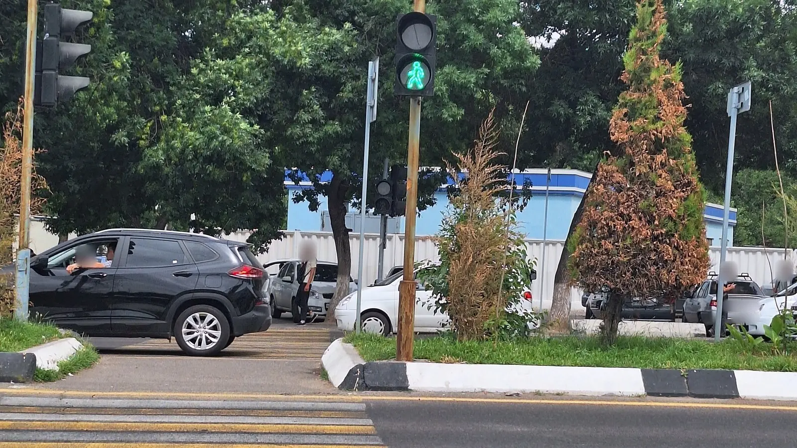 Cars and a pedestrian traffic light on a road in Tashkent