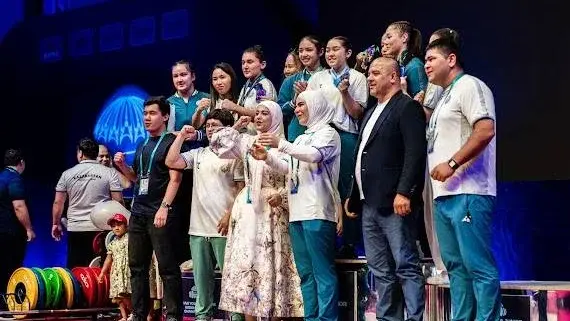 Uzbek weightlifters with their medals at the Asian championships in Tashkent