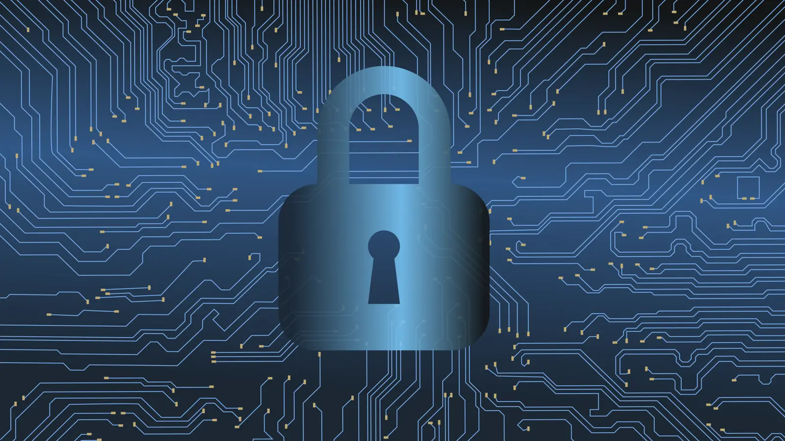 Symbolic padlock against an electronic circuit pattern