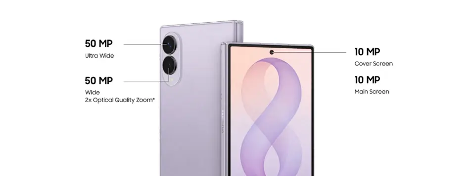Samsung Galaxy Z Fold8 open beside a diagram of its cameras