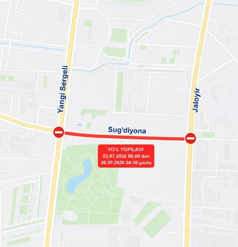 Map of the Sug‘diyona Street traffic restriction in Sergeli district